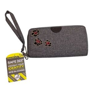 Travelon Gray Embroidered Floral RFID Blocking Wallet Wristlet